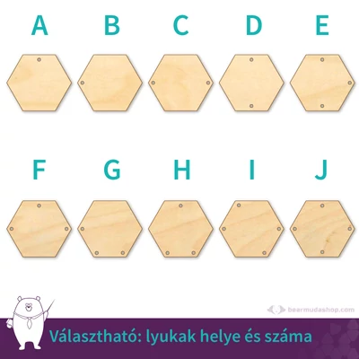 Hatszög ékszer fa medál alap 4 cm, többféle