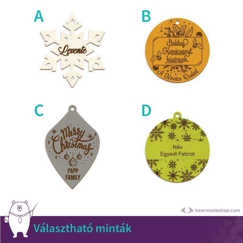 Egyedi neves, feliratos gravírozott karácsonyfadísz, 1 rétegű, több méretben és színben