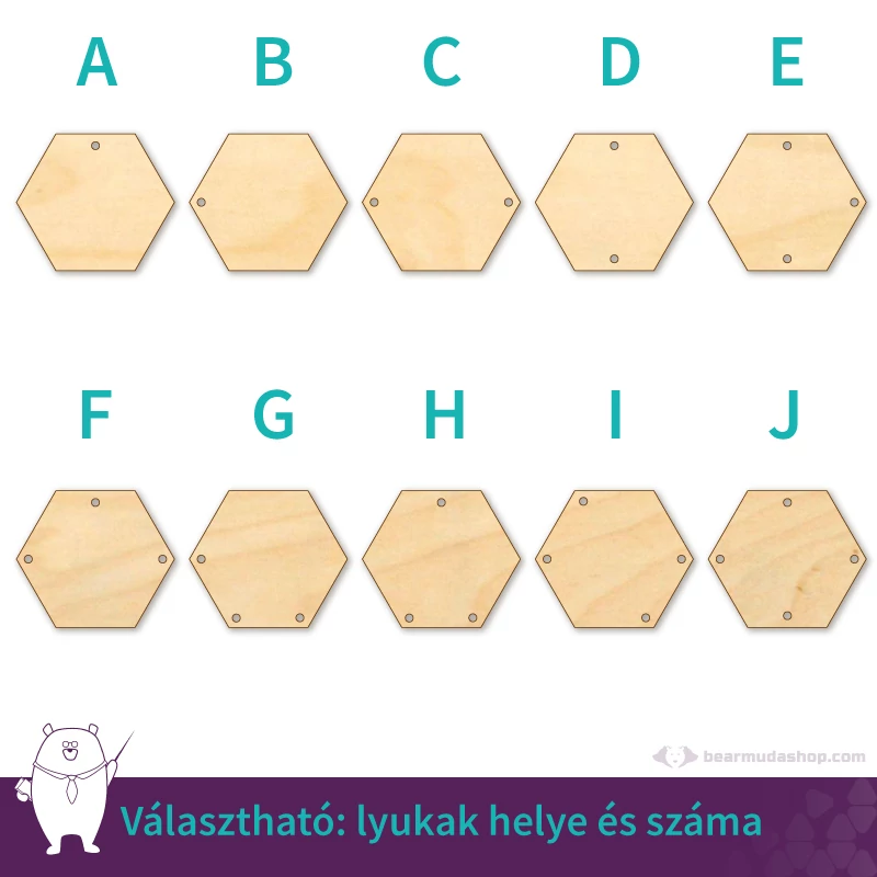Hatszög ékszer fa medál alap 4 cm, többféle