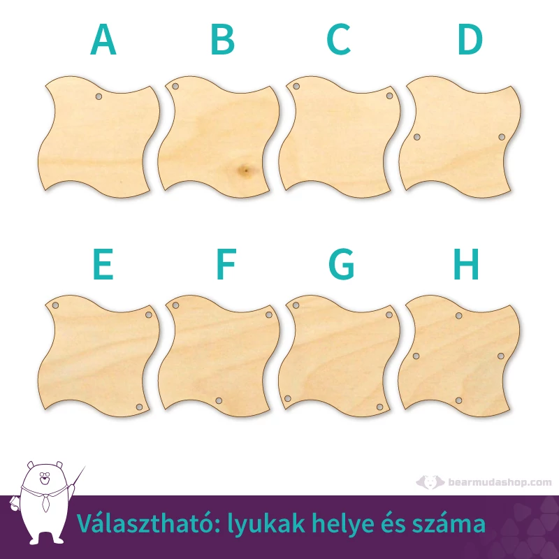 Hullámos négyzet ékszer fa medál alap 4 cm, többféle