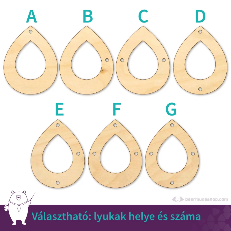 Kivágott csepp ékszer fa medál alap 4 cm, többféle